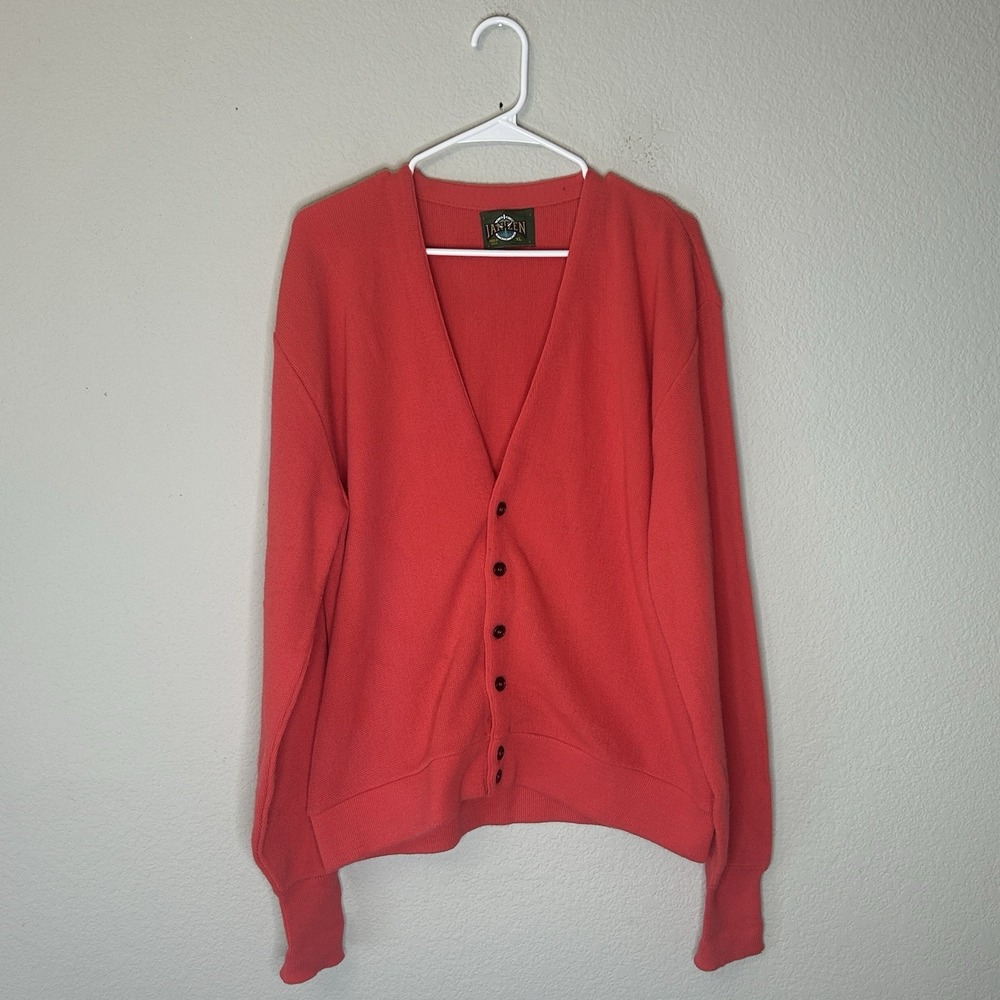 Vintage Jantzen Coral Knit Button Front V Neck Cardigan Sweater Mens Size L